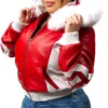 Vintage 8 Ball Red Women's Fox Fur Trim Hood Genuine Leather Jacket