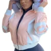 Vintage 8 Ball Women's Pink and White Fur Hooded Leather Jacket