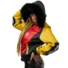 Vintage Women's 8 Ball Color Block Yellow Genuine Leather Jacket with Removable Fur Hood