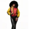 Vintage Women's Eight Ball Color Block Yellow and Red Fox Fur Hooded Leather Jacket
