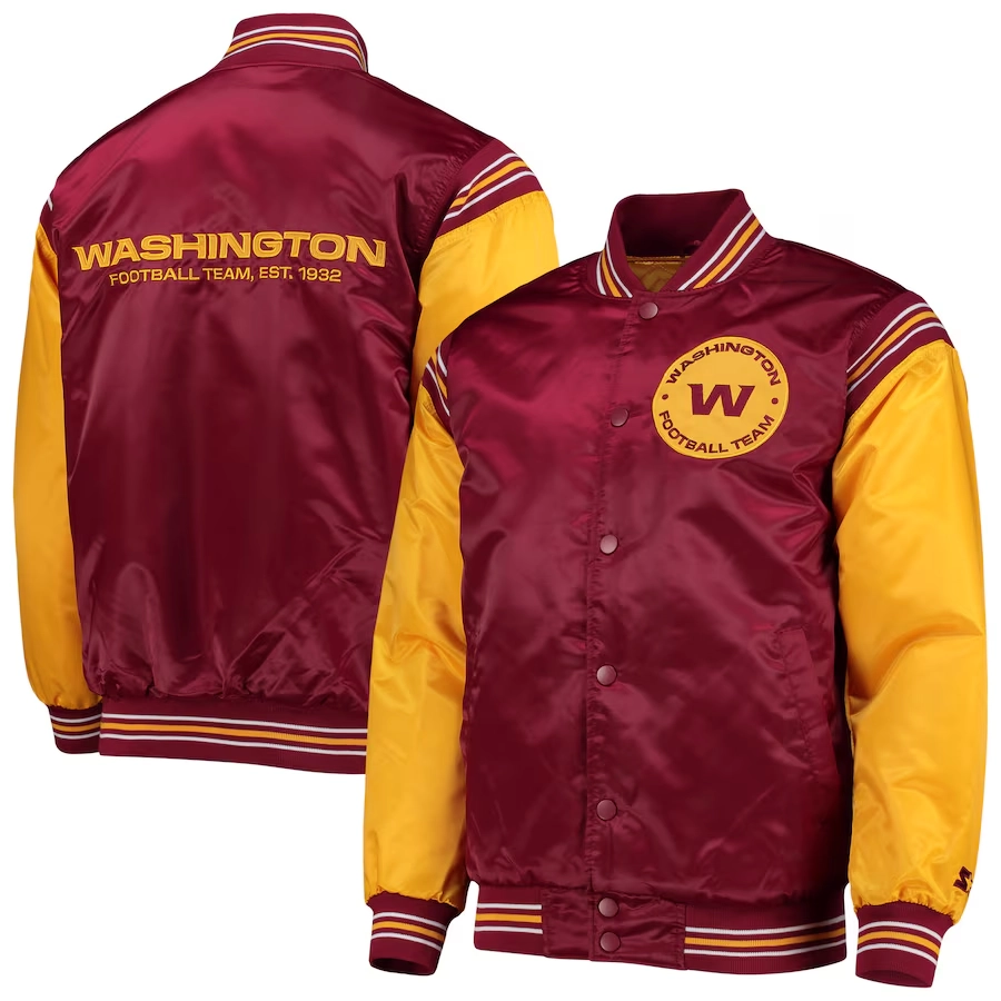 Washington Commanders Enforcer MaroonYellow Satin Varsity Jacket 3
