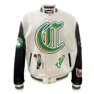 White and Black Boston Celtics Wool and Leather Varsity Jacket