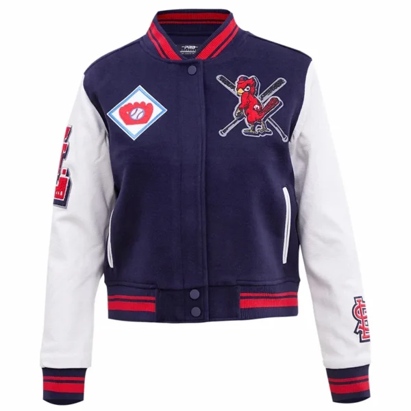 Woman’s St. Louis Cardinals Mashup Navy BLUE Varsity Wool Jacket with Leather Sleeves