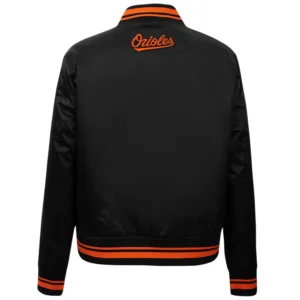 Women’s Baltimore Orioles Script Tail Full-Snap Satin Varsity Jacket 1