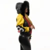 Women's Eight Ball Color Block Yellow and Red Fox Fur Hooded Leather Jacket