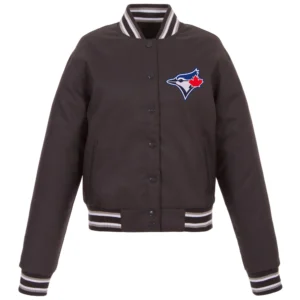 Women’s One Color Toronto Blue Jays Full-Snap Embroidered Logo Charcoal Varsity Jacket - Copy