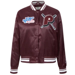 Women’s Philadelphia Phillies Mashup Full-Snap Maroon Satin Varsity Jacket