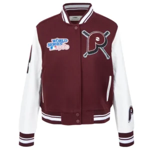 Women’s Philadelphia Phillies Mashup Maroon and White Wool Varsity Jacket