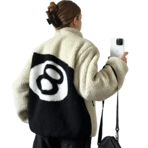 Women's Stussy Eight Ball Sherpa Reversible Off White Jacket